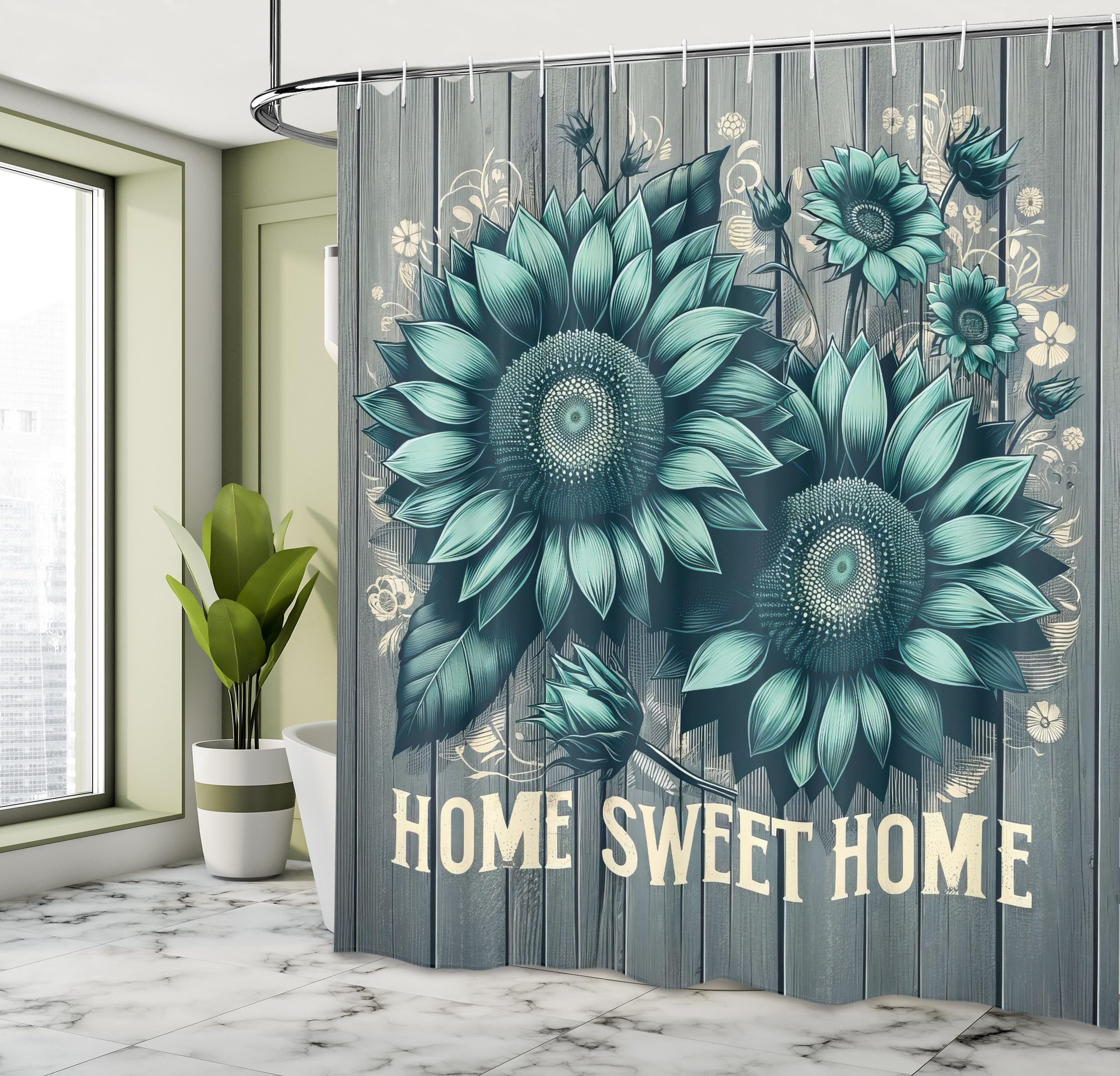 Ambesonne Teal Shower Curtain, Aquamarine Tone Sunflowers And Home Concept Phrase Modern Rustic Farmhouse, Cloth Fabric Bathroom